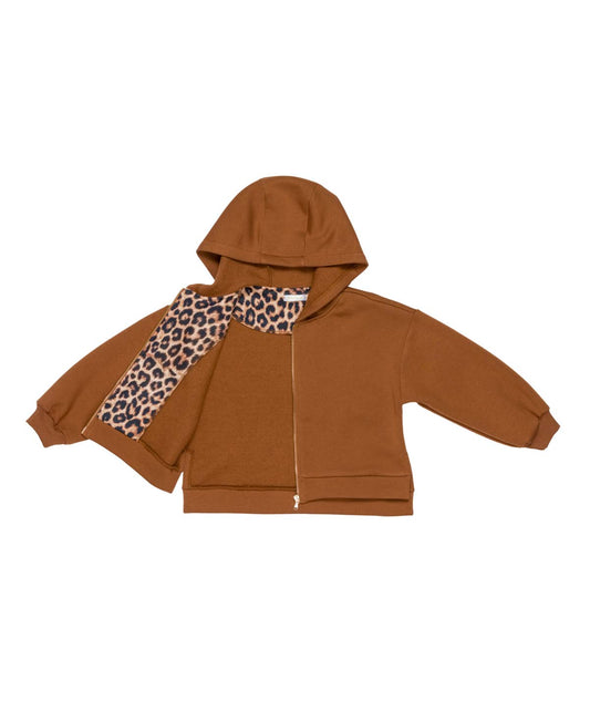 Girl Zip-Up Hoodie with Leopard Print Detail Hazelnut / 8Y