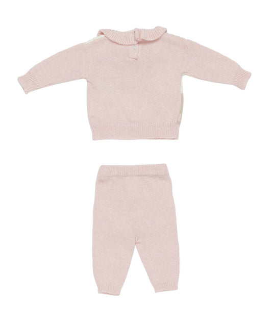 Baby Girl Knitted Two-Piece Set with Patchwork Teddy Design Pink / 6M