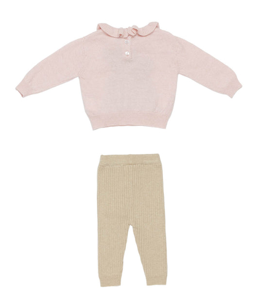 Baby Girl Knitted Two-Piece Set with Teddy Motif Ecru-Pink / 6M