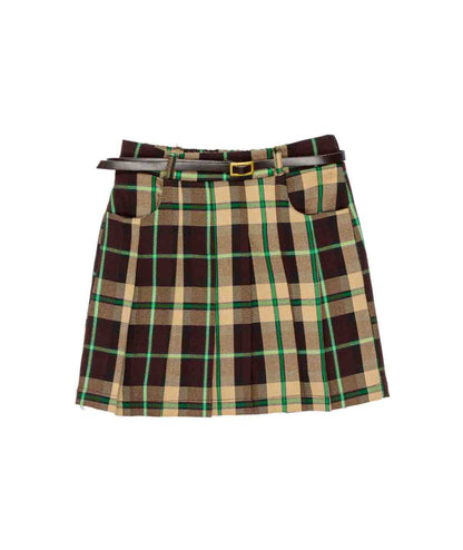 Girl Checked Skirt with Belt Detail Sage Check / 7Y