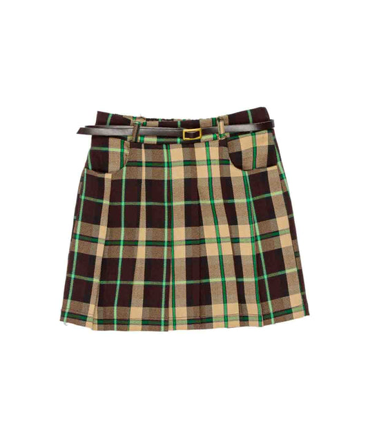 Girl Checked Skirt with Belt Detail Sage Check / 7Y