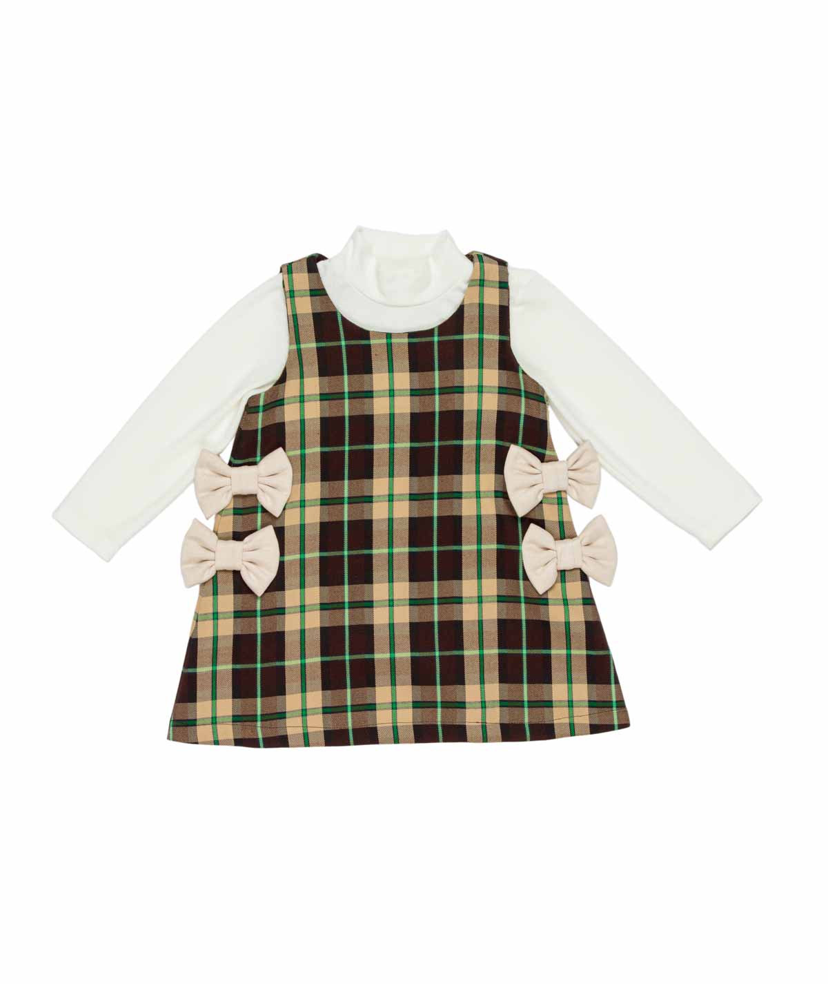 Girl Checked Dress with Bow Details and Inner Top Check - Off White / 7Y