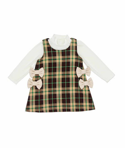 Girl Checked Dress with Bow Details and Inner Top Check - Off White / 7Y
