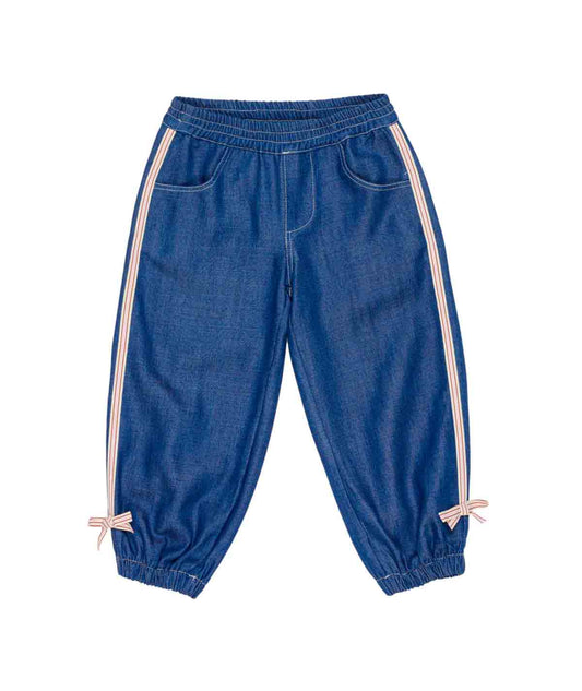 Girl Denim Jogger Pants with Side Stripes and Bow Detail Denim / 7Y