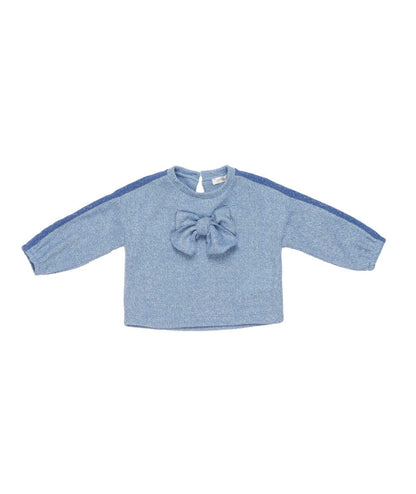 Girl Knit Sweater with Bow Detail and Shoulder Stripes Cerulean / 9M