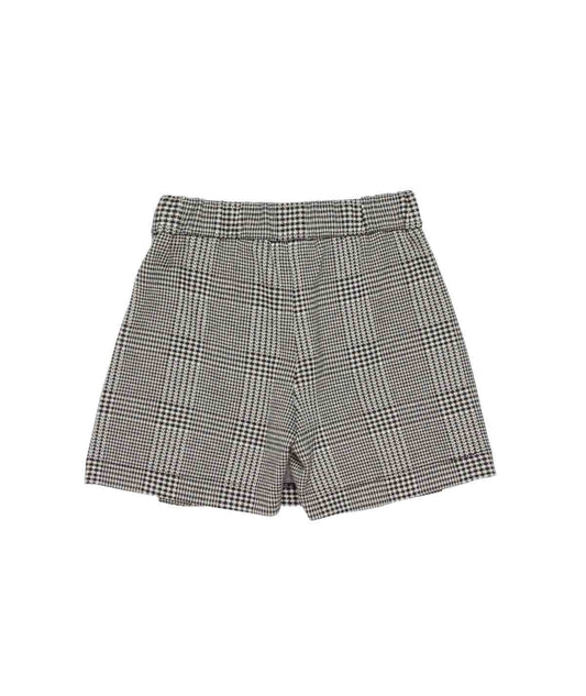 Girl Checked Pleated Skirt with Crest Patch White Black Pied De Poule / 8Y