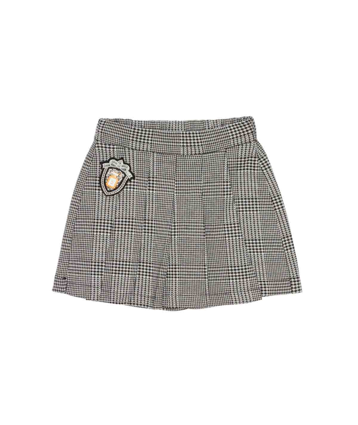 Girl Checked Pleated Skirt with Crest Patch White Black Pied De Poule / 8Y
