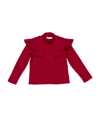 Girl Ribbed Top with Ruffle Shoulders and Pocket Details Off White / 7Y