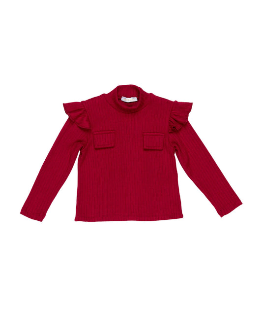 Girl Ribbed Top with Ruffle Shoulders and Pocket Details Off White / 7Y