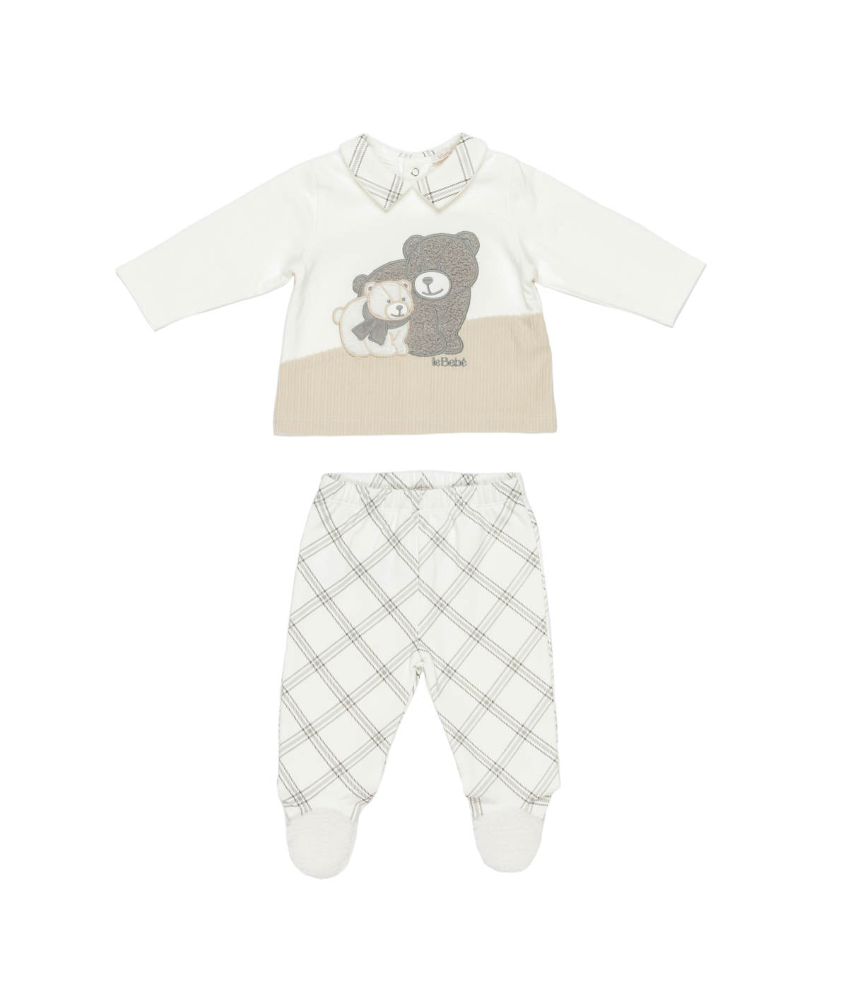 Baby Boy Velour Two-Piece Set with Teddy Motif Check - Off White / 6M