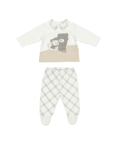 Baby Boy Velour Two-Piece Set with Teddy Motif Check - Off White / 6M
