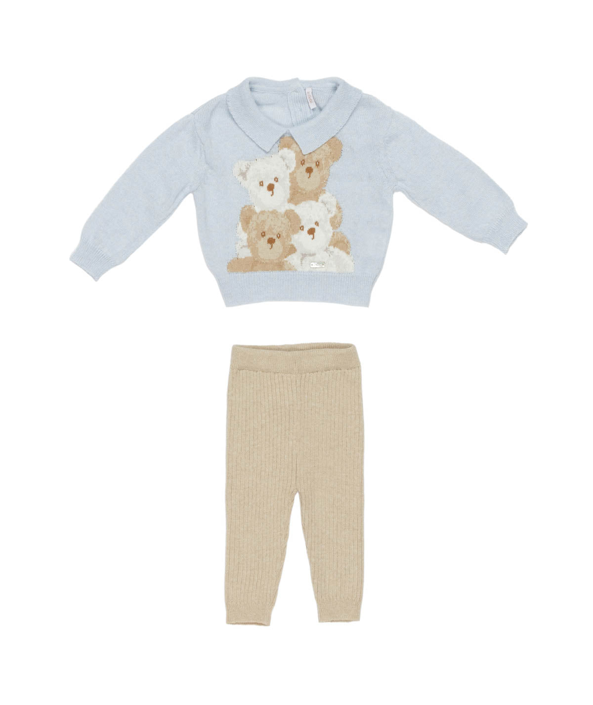 Baby Boy Knitted Two-Piece Set with Teddy Bear Motif Light Blue-Ecru / 9M
