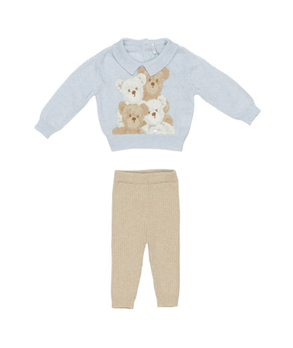 Baby Boy Knitted Two-Piece Set with Teddy Bear Motif Light Blue-Ecru / 9M