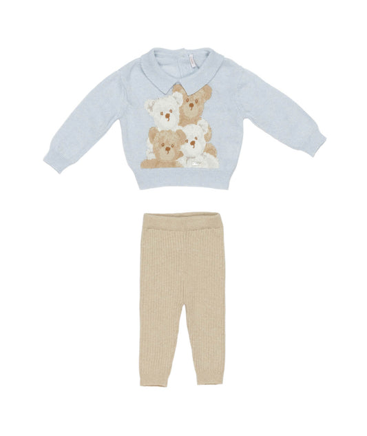 Baby Boy Knitted Two-Piece Set with Teddy Bear Motif Light Blue-Ecru / 9M