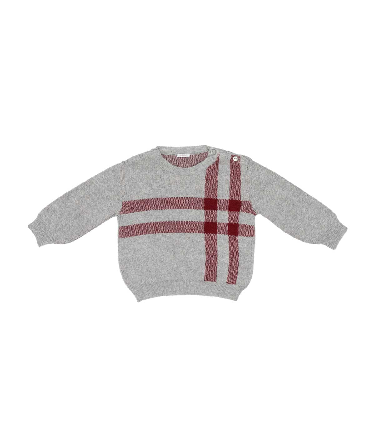 Button-Shoulder Baby Sweater with Plaid Accent Melange Grey-Bordeaux / 9M