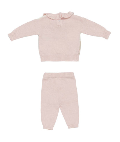 Baby Girl Knitted Two-Piece Set with Patchwork Teddy Design Pink / 6M