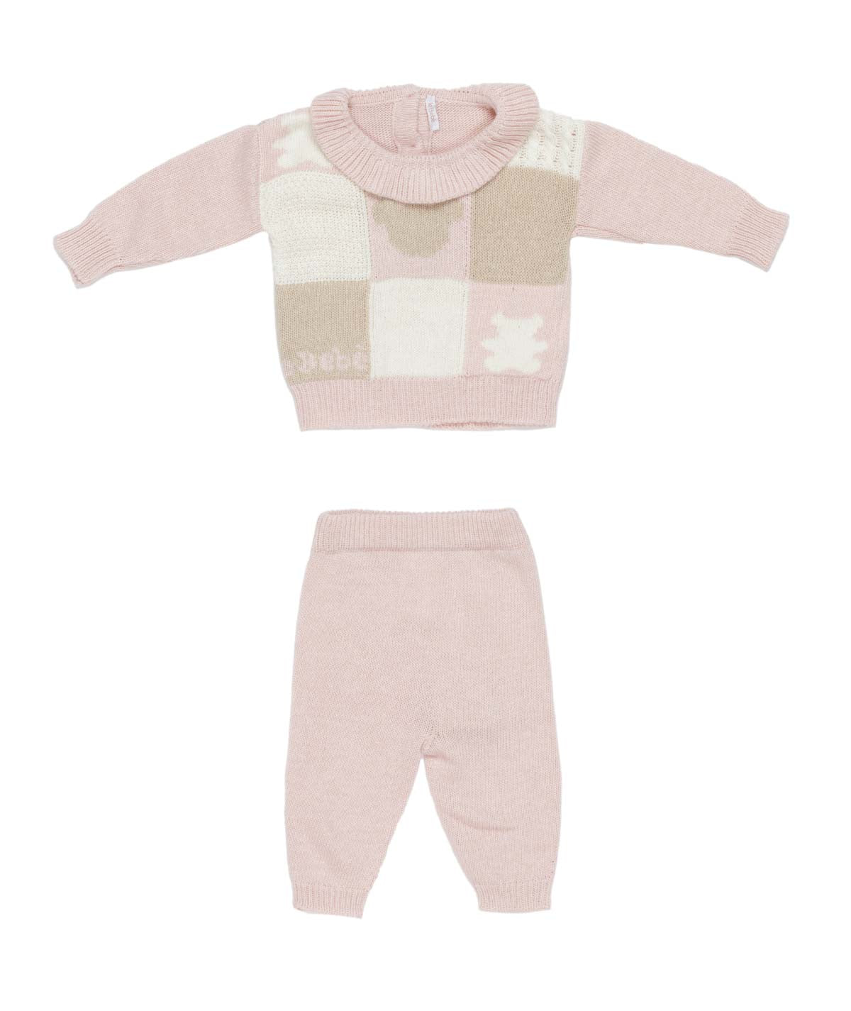 Baby Girl Knitted Two-Piece Set with Patchwork Teddy Design Pink / 6M