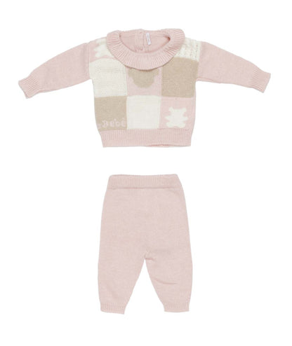 Baby Girl Knitted Two-Piece Set with Patchwork Teddy Design Pink / 6M