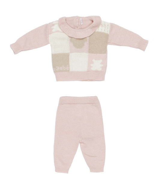 Baby Girl Knitted Two-Piece Set with Patchwork Teddy Design Pink / 6M