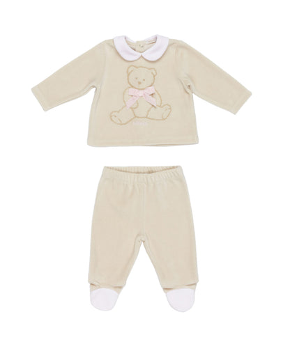 Baby Girl Two-Piece Velour Set with Teddy Bow Ecru / 6M