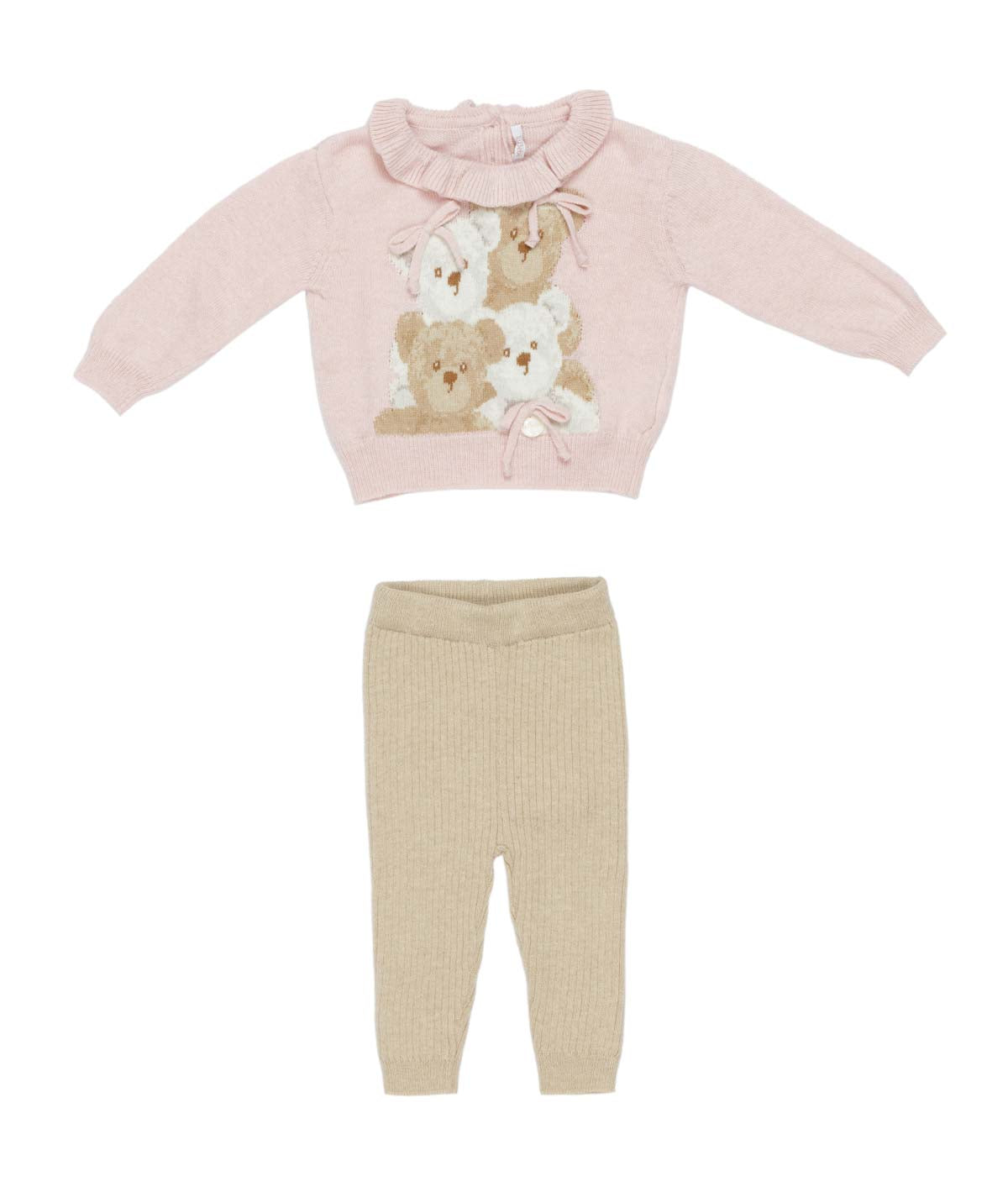 Baby Girl Knitted Two-Piece Set with Teddy Motif Ecru-Pink / 6M