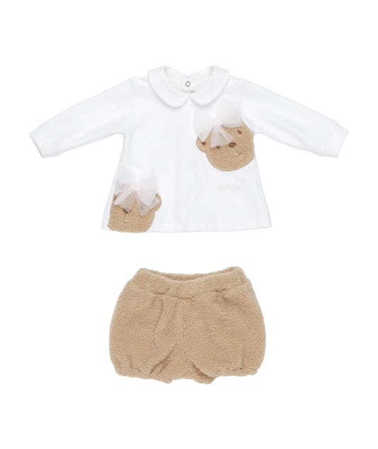 Baby Girl Two-Piece Set with Teddy Bear Patches and Bow Detail Off White-Beige / 9M