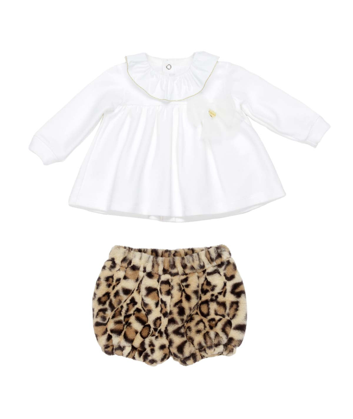 Baby Girl Two-Piece Set with White Top and Leopard Print Shorts Silk-Spotted / 9M