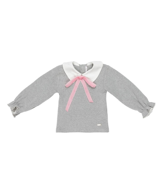 Baby Girl Top with Contrast Collar and Bow Melange Gray / 9M