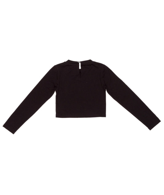 Long Sleeve Black Cropped Top with Teddy Bear Print Black / 8Y