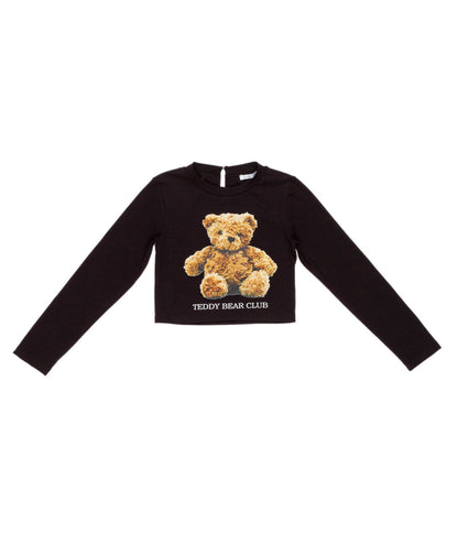 Long Sleeve Black Cropped Top with Teddy Bear Print Black / 8Y