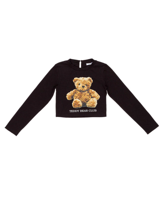 Long Sleeve Black Cropped Top with Teddy Bear Print Black / 8Y