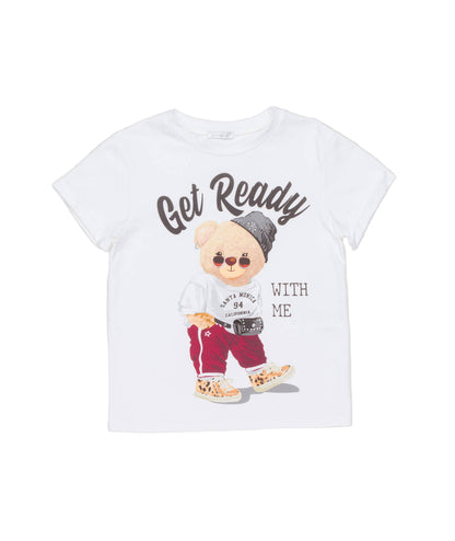 White T-Shirt with "Get Ready" Teddy Bear Print White / 8Y