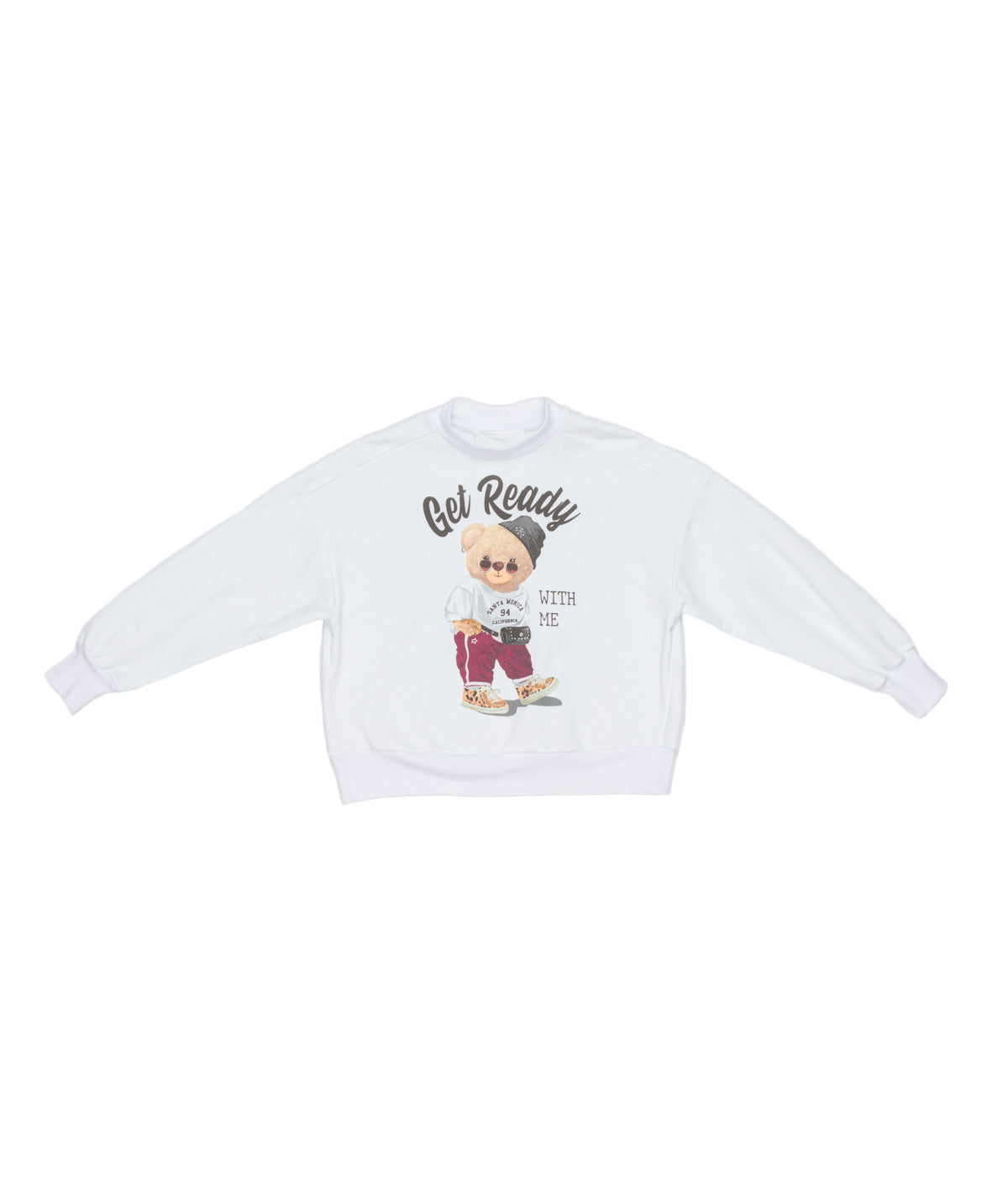 White Sweatshirt with "Get Ready" Teddy Bear Print White / 8Y