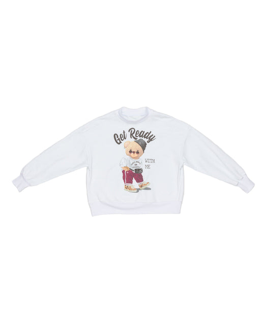 White Sweatshirt with "Get Ready" Teddy Bear Print White / 8Y