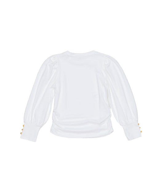 Long Sleeve Top with Puff Shoulders and Button Cuffs in White Black / 8Y