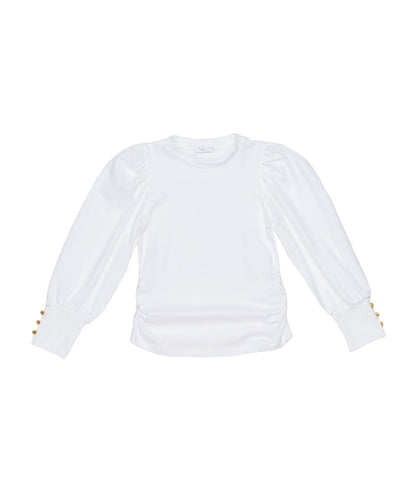 Long Sleeve Top with Puff Shoulders and Button Cuffs in White Black / 8Y
