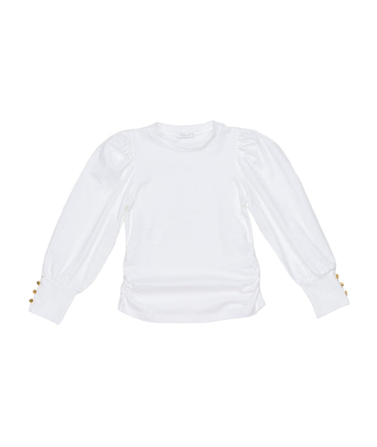 Long Sleeve Top with Puff Shoulders and Button Cuffs in White Black / 8Y