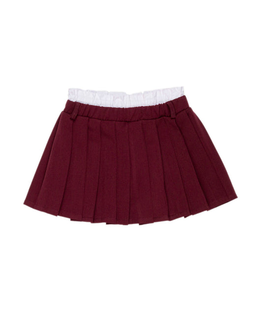 Pleated Skirt with Contrast Waistband in Burgundy Black / 8Y