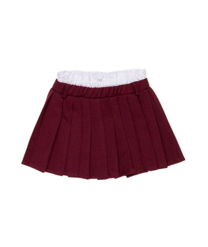 Pleated Skirt with Contrast Waistband in Burgundy Black / 8Y