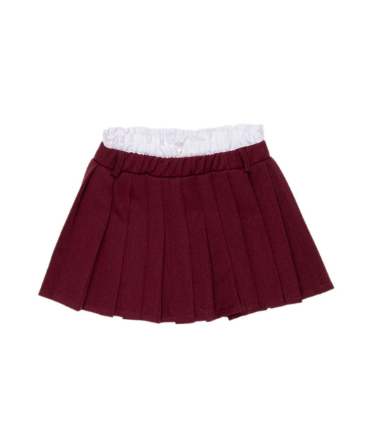 Pleated Skirt with Contrast Waistband in Burgundy Black / 8Y