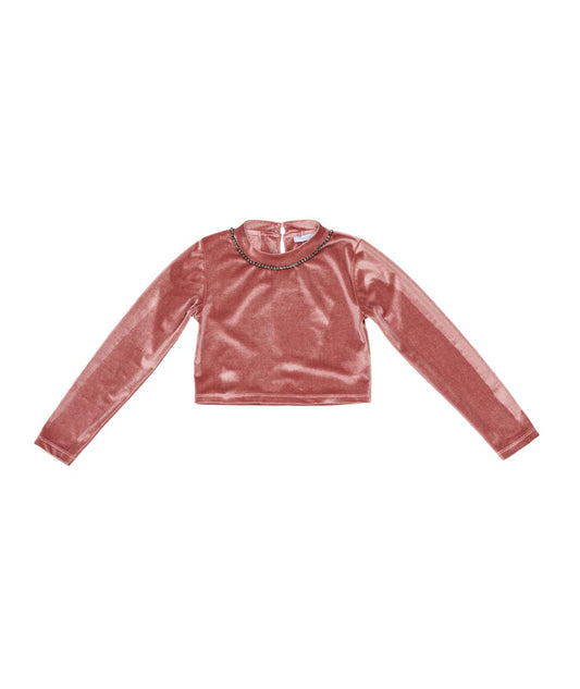 Velvet Crop Top with Embellished Neckline Pink / 8Y