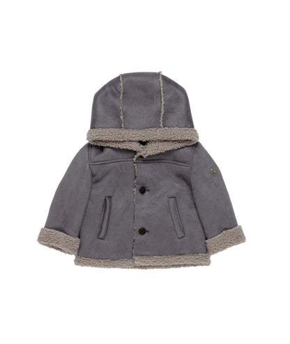 Boy Hooded Shearling-Style Coat with Button Closure