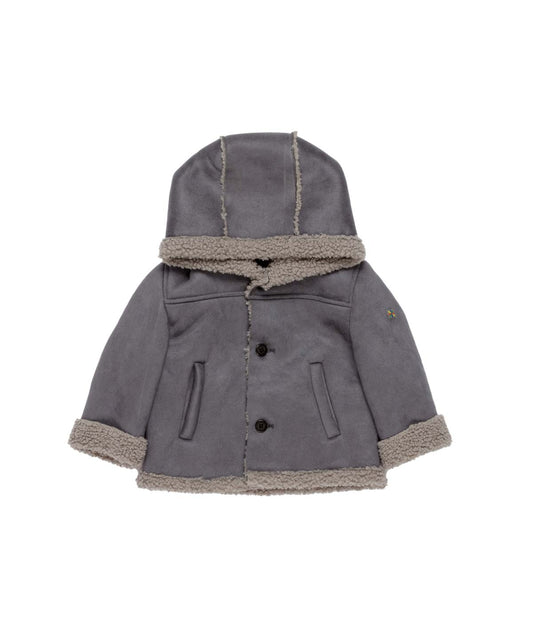 Boy Hooded Shearling-Style Coat with Button Closure