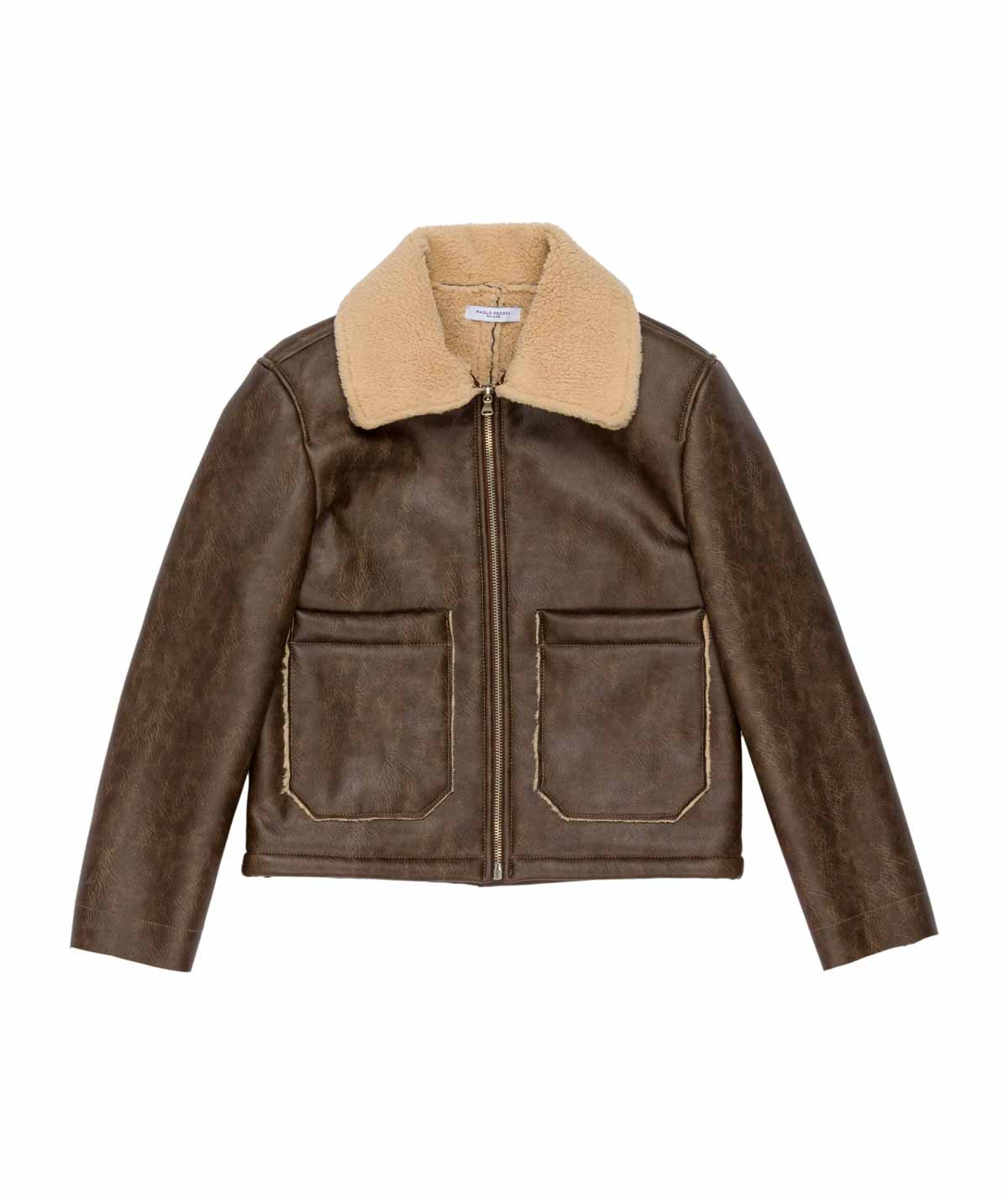 Boy Faux Leather Jacket with Shearling Collar Brown / 8Y