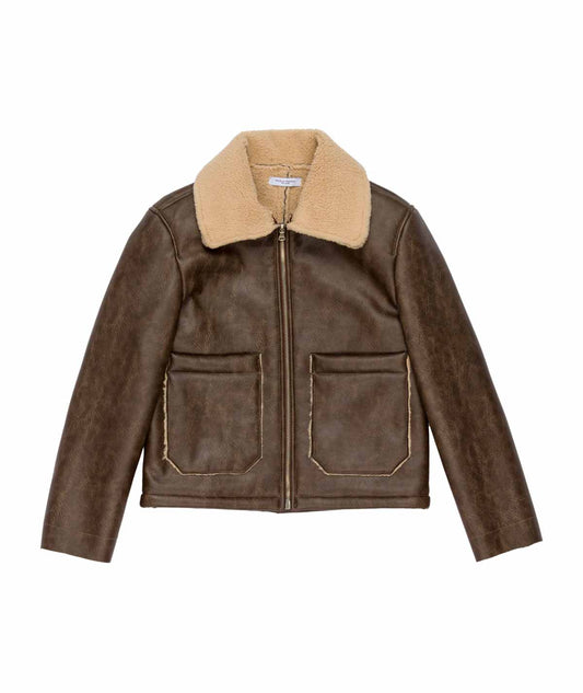 Boy Faux Leather Jacket with Shearling Collar Brown / 8Y